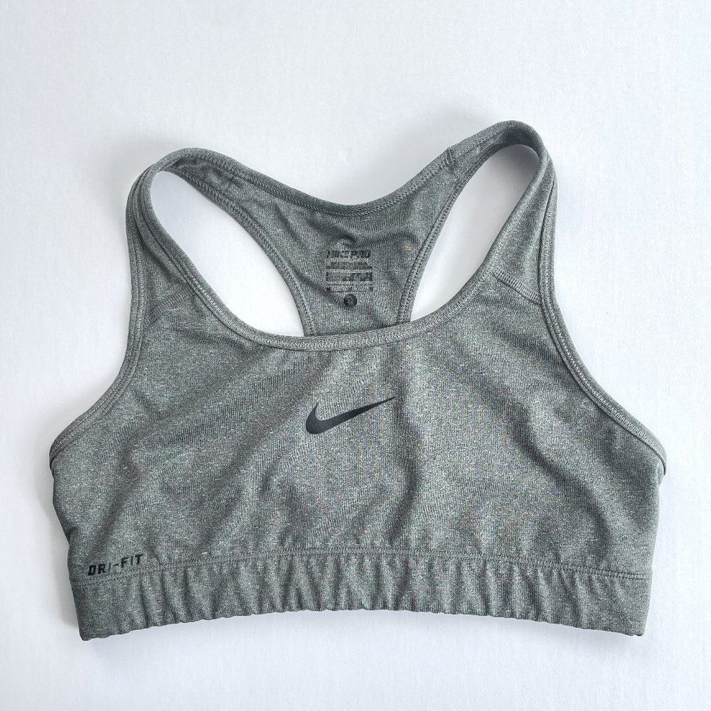 Nike Pro Dri-Fit Racerback Sports Bra Metallic Grey Silver Swoosh Logo Medium